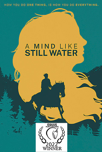 Cover image to the film, A Mind Like Still Water, with a person riding a horse and the silhouette of a woman with long hair.