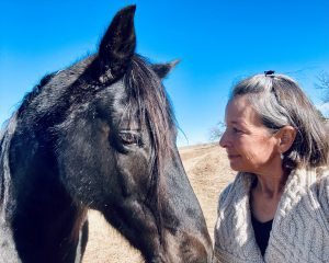 Photo of Crissi McDonald with a horse at liberty