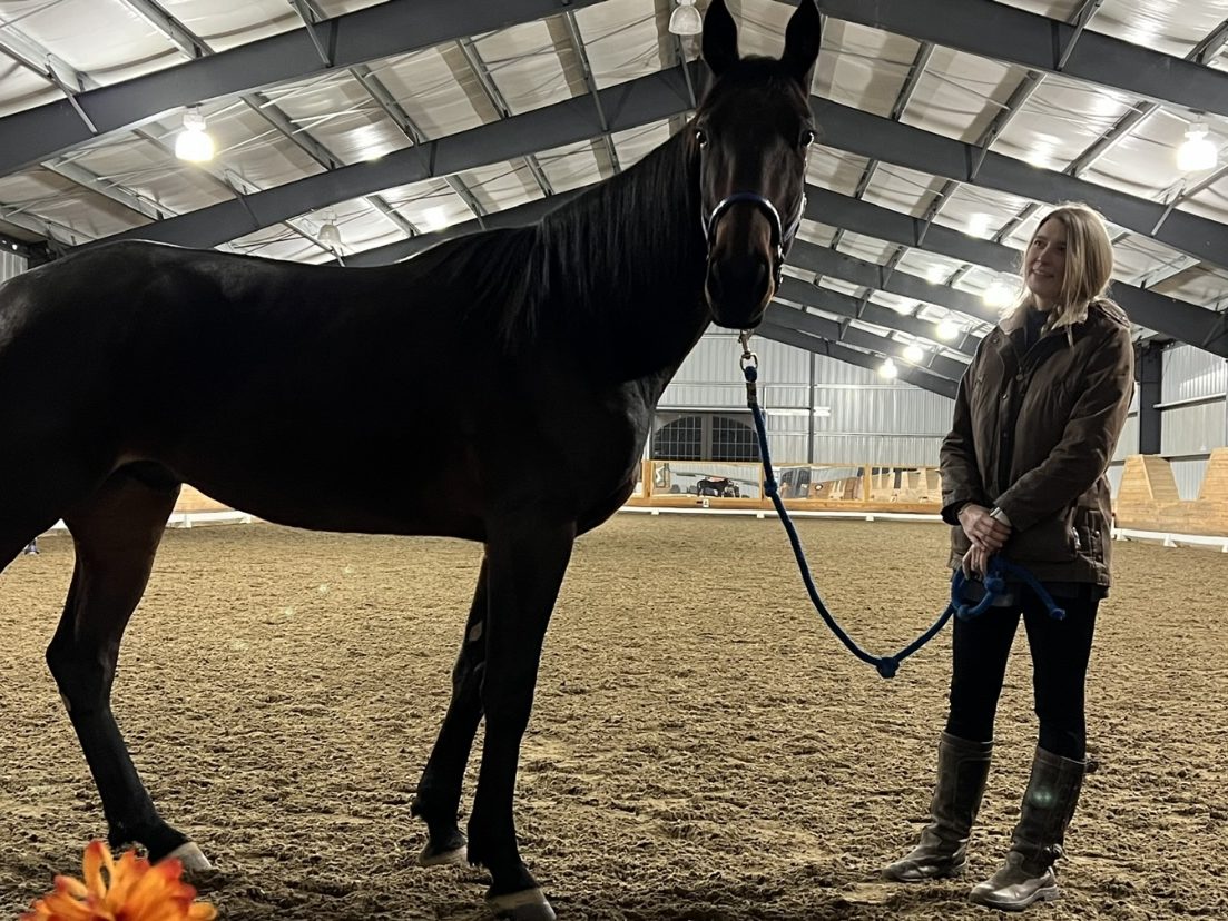 Photo of Jen holding her horse on halter and lead rope in an indoor arena.