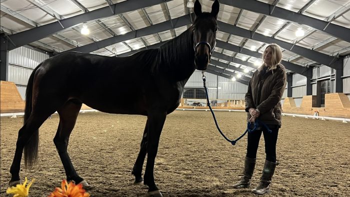 Photo of Jen holding her horse on halter and lead rope in an indoor arena.