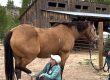 Photo of woman hold horse's right hind leg in a resting position and watching the hip to drop and relax.