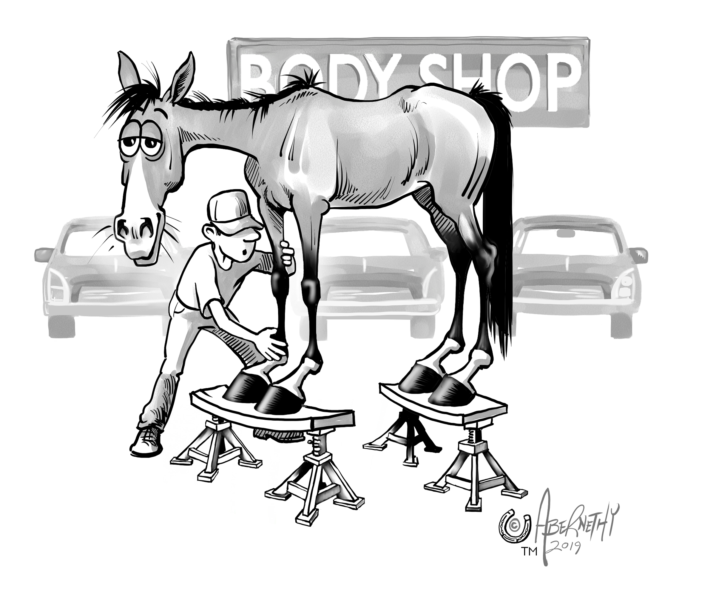 Illustration by Jean Abernethy of Jim Masterson working on a horse standing on a stool in a car bodyshop.