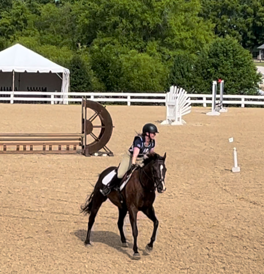 Photo of rider patting her horse after a jumping course.