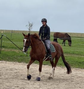 A woman riding her horse.