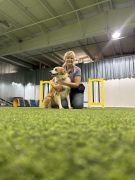 A woman with her dog.