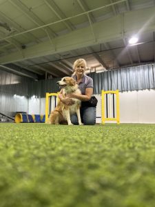 A woman with her dog.