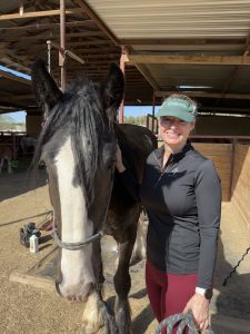 A woman, smiling, and a horse.
