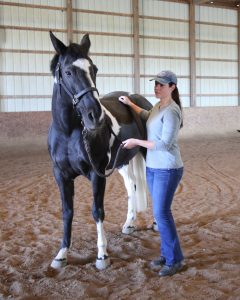 A woman working with a horse.