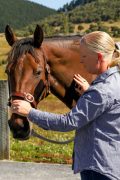 A woman working with a horse.