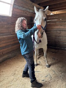 A woman working with a horse.