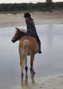 A woman riding her horse.