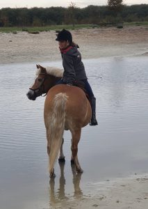 A woman riding her horse.