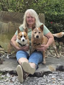 A woman sitting with 2 dogs.